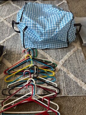 Blue Houndstooth Closet Storage Bag with Assorted Colored Hangers
